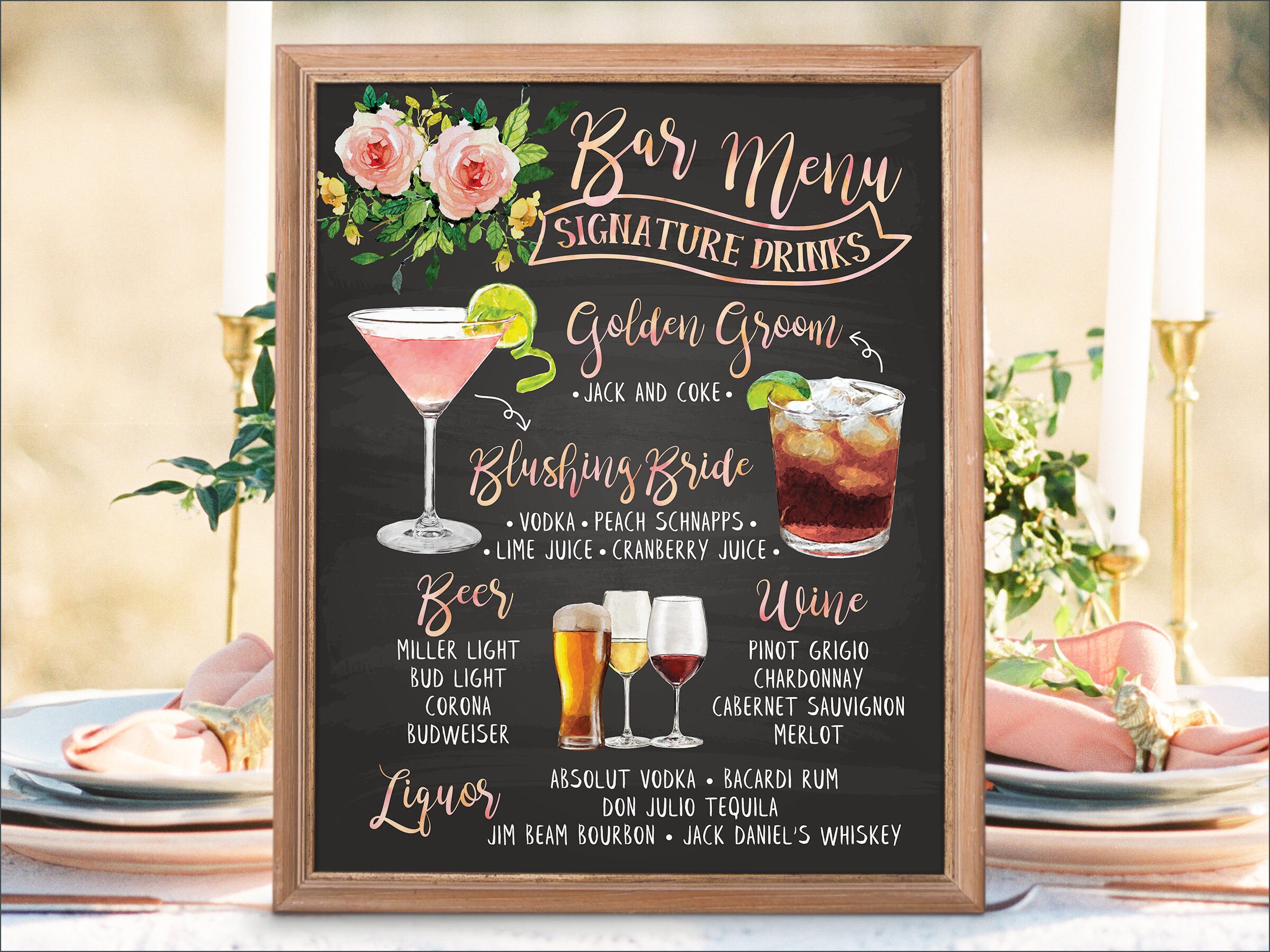 Download Digital Printable Botanical Wedding Bar Menu Sign His and
