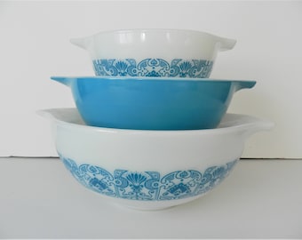 Pyrex Horizon Blue Bowls, Pyrex Bowls, Blue Pyrex Bowls, Mixing Bowls, Horizon Blue Bowl Set, Cinderella Bowls