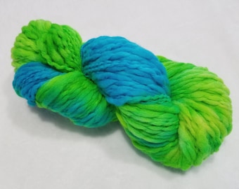 Thick 'n Thin Bulky Weight Hand Dyed Yarn - 4 ounces/125 yards - Bright Lime Green, Turquoise and a Touch of Yellow