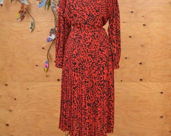 Vintage 80's Red & Black Scrolled Suit With Accordion Pleats And Button Up Blouse Midi Length SZ S/M