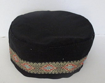 Bucharian black kippah with elegant gold red blue jacquard trim select your size great gift elgant tapestry trim Buchari kippah