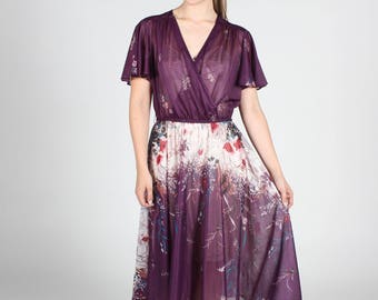 PURPLE FLORAL DRESS Vintage Sheer Womens Medium M White Flower Flowy Summer Light Feminine Classic 90s Midi Wrap