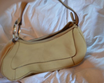 Vintage Franco Sarto bag, cream-tan, silver hoop/circle for keychains or scarf/charms; asymmetrical mod/art deco