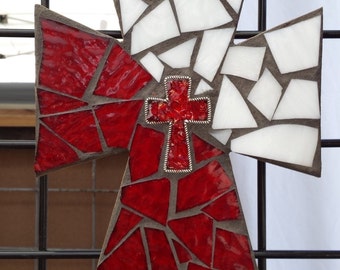Red Mosaic Cross, Decorative Stained Glass Cross, Mosaic Stained Glass Wall Hanging, Wall Cross