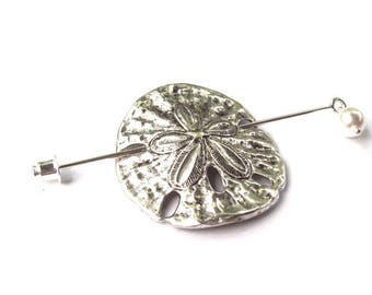 Sand Dollar Shawl Pin, Silver Lapel Pin, Hat Pin, silver shawl pin, tropical, ocean, oxidized, fashion, stick pin, scarf pin, swarovski