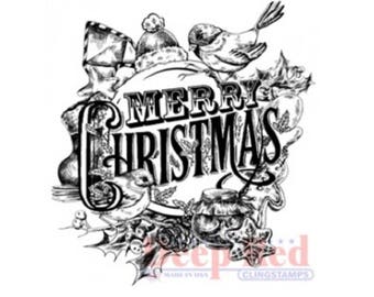 Deep Red Rubber Stamp Vintage Style Merry Christmas