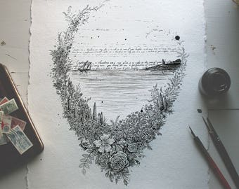 Original Hand Drawn Floral Nautical Illustration, Ocean Art, Sea Decor, 11x14, beejaedee pen and ink drawing