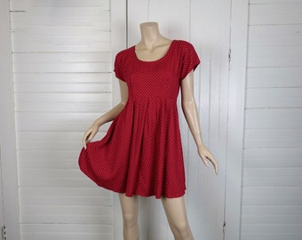 90s Babydoll Dress in Carnelian Red & Dots- 1990s Cap Sleeve Empire Mini Dress- Small- Lolita- Valentine's Day