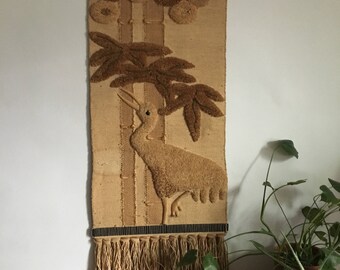 mid century don freedman bird tapestry. vintage 1970s boho bohemian bird crane wall hanging. asian boho hanging tapestry wall decor
