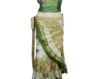 Green 2 Pieces Womens Wrap Around Skirt with Halter Crop Top Upcycled Silk Sari Printed Full Length Flare Ruffle Maxi Dress