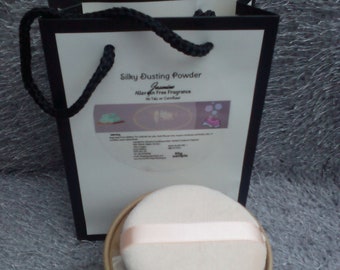 Allergen Free Jasmine Silky Dusting Powder & Mini Powder Puff. Talc and Cornflour Free. Made with Natural Ingredients. Vegan.