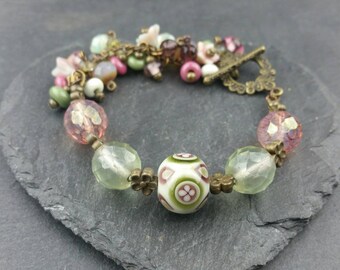 English Garden beautiful pink and green handmade lampwork glass bracelet