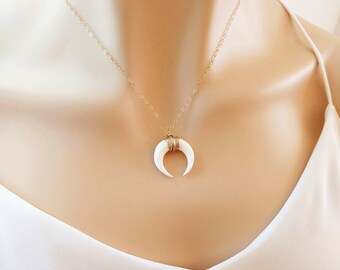 Double Horn Necklace, Carved Bone Necklace, Downward Facing Crescent Necklace, Layering Necklace, Boho Jewlery, Wire Wrapped Horn, Dainty