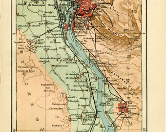 Vintage Map of Cairo and Egyptian Pyramids C.1907 - Vintage Decor Art Print - Ancient Egypt Cartography, Christmas Gift - Travel