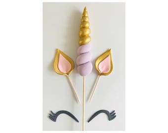 Unicorn Cake Topper. Horn, Ears, Lashes. Lilac/Gold.