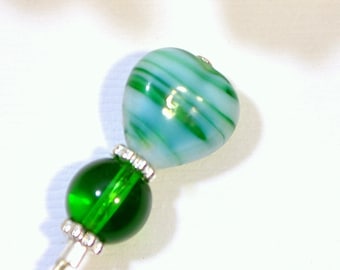 Green Hat Pin 3 inch Heart Hijab Pin Lapel Pin Green Sarong Pin Green Scarf Pin Beaded Stick Pin Handmade