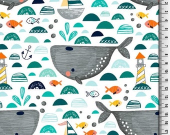 Little Darling Whale Print Jersey Knit Fabric,Jersey Fabric,Cotton Jersey Fabric,Jersey Knit - Half Metre