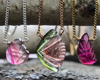 Watermelon tourmaline necklace / Tourmaline necklace / Leaf necklace / Rose gold silver / Pink tourmaline / Green tourmaline / Gift for her