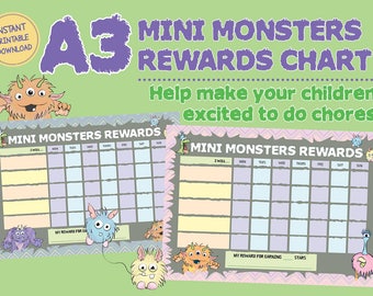 Mini Monsters Cute Cartoon Design Childrens Reward Chart for Chores Done Set of 2 printable INSTANT DOWNLOAD