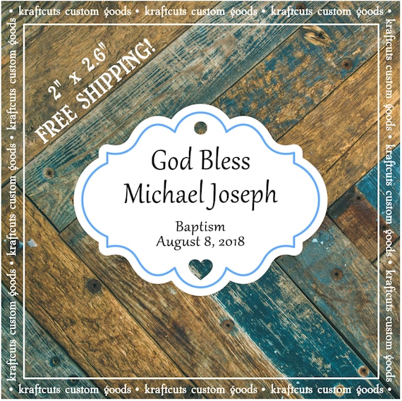 Personalized Baptism, Christening or First Communion God Bless Religious Favor Tags - Baby Boy Blue Border #766 FREE SHIPPING!