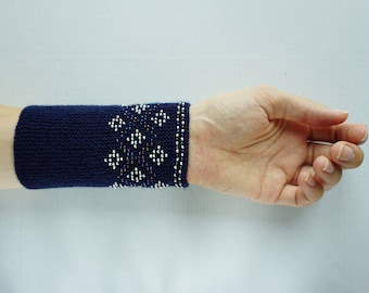 Dark blue navy and cream beaded wrist warmers/ knitted wristlets with beads / woollen cuffs – ready to ship