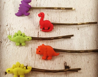 Dinosaur-Hair Bobby Pin-Accessory-Brachiosaurus-TRex-Stegosaurus-Triceratops-Red-Yellow-Green-Orange-Purple-Party Favour-Birthday