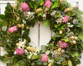 Large Pink Peony Spring wreath, Pink and White Wreath, Pink and Blue Wreath, Dried Flower wreath, spring wreath