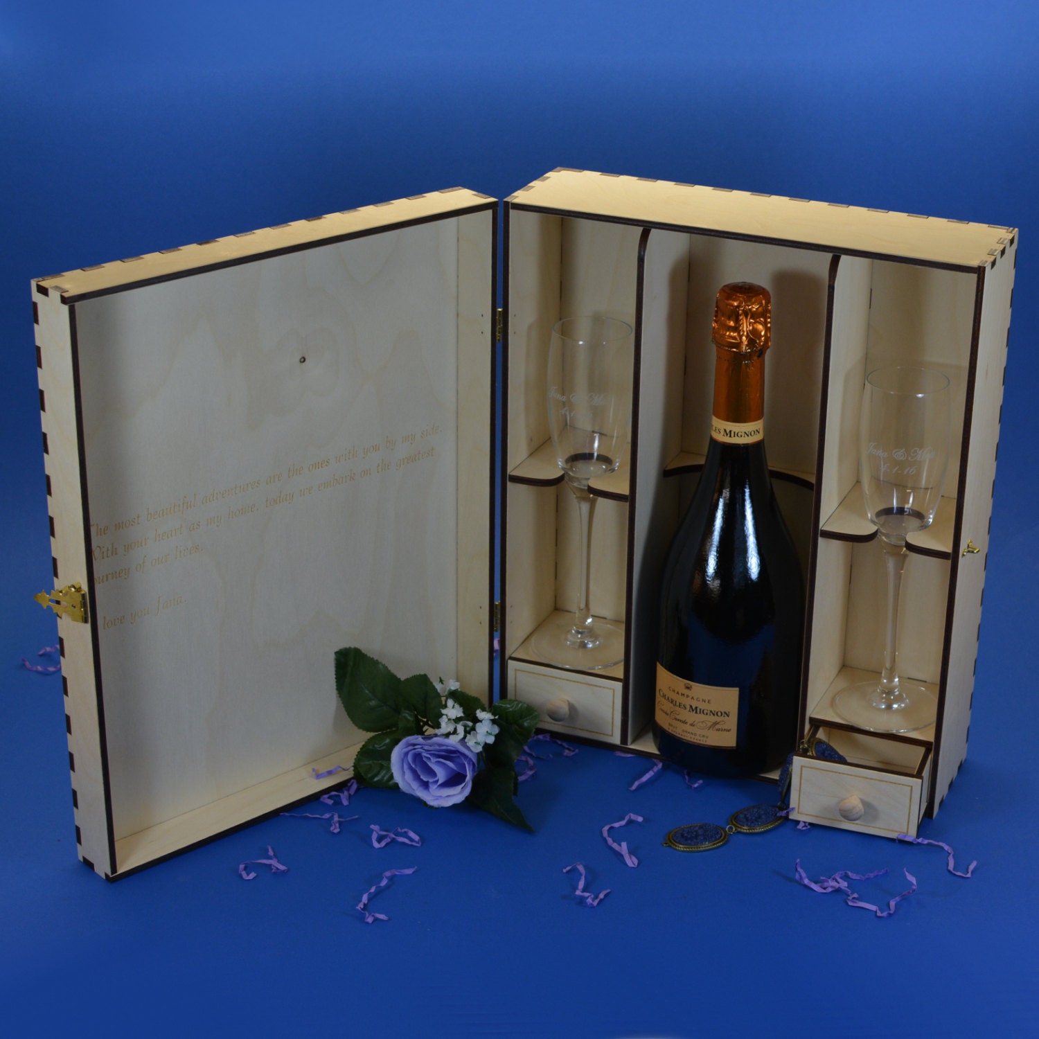 Elegant Wood Champagne Gift Box Set with 2 Etched Crystal
