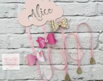 Personalised Cloud Hair Bow Holder, Hair Clip Holder, Girls Hair Accessory Holder, Bow Organiser. 3 ribbon strands