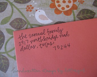 Samuel Handwritten Address Stamp: your choice of self-inking or red rubber
