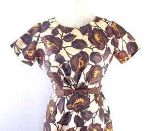 Brown Floral 1950s 1960s Wiggle Dress