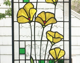 Stained Glass Window Panel--Yellow Poppies Geometric --One Panel 10" x 23 5/16"