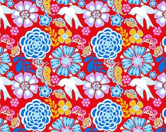 Folk Floral in Red, Bird, Mexican Folklore Collection by David Textiles - 100% Cotton - HALF YARD