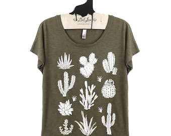 Small- Tri-Blend Olive Dolman Tee with Cactus Screen Print-