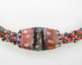 Handmade Beaded Kumihimo Necklace with Lampwork Bead Tab Focal Just Peachy