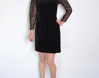 90's velvet and chiffon dress, sheer sleeves black dress, little black dress, grunge retro prom dress, long sleeve mini dress