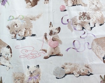 Vintage 80s Kittens Cats Novelty Print Twin Sheet Set Flat Fitted Brown Pink Fabric