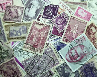 50 Purple Postage Stamps, Used Postage Stamps, World Wide, Pre 1950, Cancelled Stamps,Purple