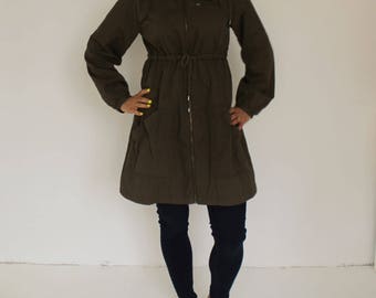 Vintage Military Army Green Jacket Women's army green hooded Forest Green Raincoat Trench Coat Army Green Military Style Coat Hooded Khaki