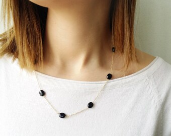 Short Gemstone necklace, Onyx Necklace, Gold Gemstone necklace, 14K, Gold beaded necklace, Black bead necklace, Rosary necklace, Anniversary