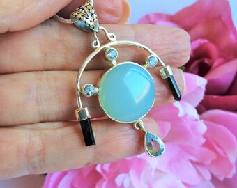Aqua Chalcedony, Green Tourmaline & Blue Topaz Amulet