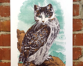 Meowl- Hand-Printed Art print