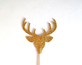 12 Gold Glitter Deer Head With Antlers Cupcake Toppers