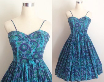 1950s Blue Novelty Print Sundress XSmall | 1950s Novelty Print Cotton Sundress 24 inch Waist