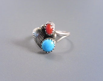 Petite Vintage Native American Sterling Turquoise Coral Ring Size 5