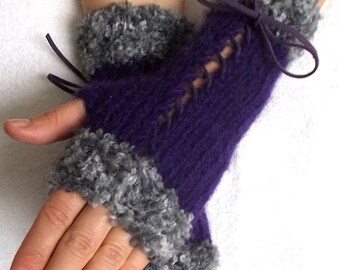 Hand Knit Fingerless Corset Gloves Women Wrist Warmers in Grey and Violet