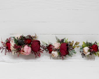 Burgundy pink beige eucalyptus floral comb Flower accessories Bridal Bridesmaid headpiece Burgundy wedding Floral accessory Hair comb