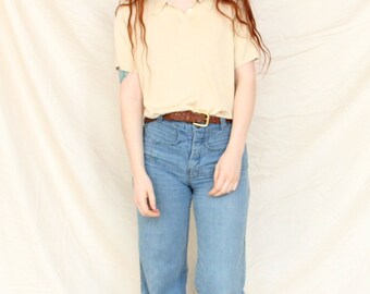 Silk Tee Beige Silk Polo Tshirt Vintage Silk Blouse Silk Top 100% Silk 90s Tee