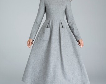 wool dress, dress with pockets, light grey dress, winter dress, designers dress, handmade dress, long dress, womens dresses, gift 1620
