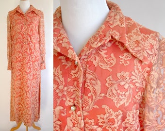 70s Full Length Long Sleeve Peach Lace Dress with Sheer Lace Sleeves - Salmon and Beige Color Lace Maxi Dress - Rhinestone Buttons - Medium